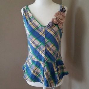 Anthro Little Yellow Button Flower Trim Top Size S